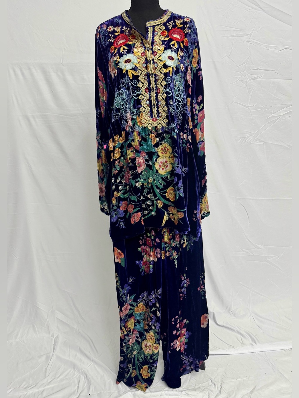 Johnny Was Navy Velvet Maxi Dress with Multicolor Floral Embroidery